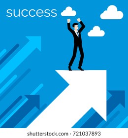Business man in suit stand on the arrow fly to the sky with successful.