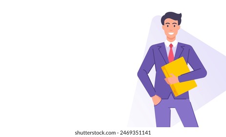Hombre de negocios en traje de pie con la ilustración plana de Vector de Plantilla de diseño de Anuncio de carpeta de documentos. Caricatura sonriente empresario contable que analiza el papeleo Archivar organizando el espacio de copia cartel