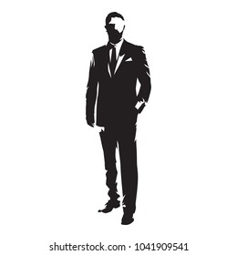 Business man in suit standing with hand in pocket. Front view, isolated vector silhouette