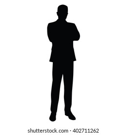 Business man in a business suit stands with his arms crossed, front view. Teacher, lawyer, civil servant, businessman, entrepreneur, boss, manager. Isolated vector silhouette.