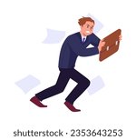 Business man in suit stands and resists strong wind with briefcase, scattered documents. Fight and don't give up, risk management. Confident purposeful brave leader vector flat isolated illustration