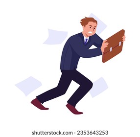 Business man in suit stands and resists strong wind with briefcase, scattered documents. Fight and don't give up, risk management. Confident purposeful brave leader vector flat isolated illustration