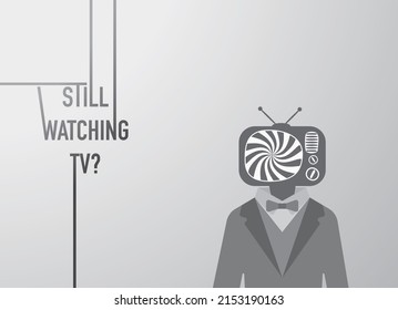 Business Man In Suit With TV Head And Hypnosis Black And White Swirl Lines. Fake News. Zombie Television Programms. TV Addiction People Greyscale Background