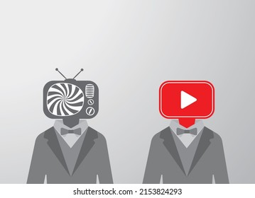 Business Man In Suit With TV Head And Hypnosis Black And White Swirl Lines. Fake News. Zombie Television Programms. TV Addiction People Greyscale Background