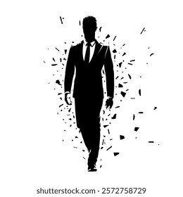 Business man in suit walking forward, vector silhouette with dispersion effect