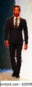 Business man in suit walking, front view. Polygonal vector illustration