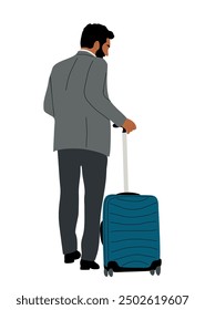 Business man in suit walking with suitcase rear view. Handsome bearded man wearing formal outfit turned back. Business travel concept flat vector illustration isolated on white background.