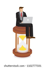 Business Man In A Suit Working With A Laptop Computer On Top Of A Hour Glass. Concept Of An Entrepreneur Working Fast Fighting For Time. Vector Illustration.