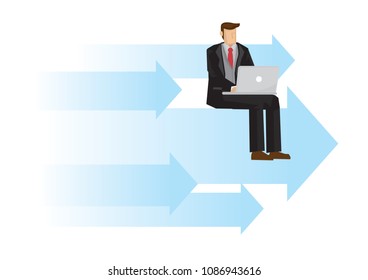 Business man in a suit working on a laptop computer on top of the blue arrow. Concept metaphor of an entrepreneur working. Vector illustration.