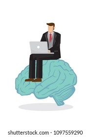 Business man in a suit working on a laptop computer on top of a brain. Concept of entrepreneur and working. Vector illustration.