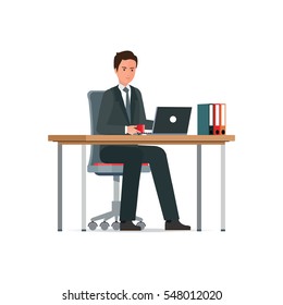 Business man in a suit working on a laptop computer at his office desk with coffee cup and file document, character Flat design style vector illustration.