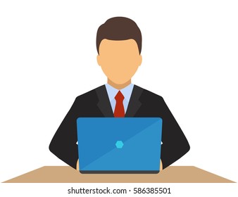 Business man in a suit working on a laptop computer at his office desk. Isolated entrepreneur workplace design. Flat style vector illustration.