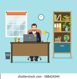 Business man  in a suit working on a laptop computer at  office desk. Flat vector illustration.