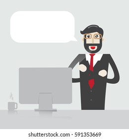 Business man suit working on a laptop computer at his clean and sleek office desk. Flat style color modern vector illustration.