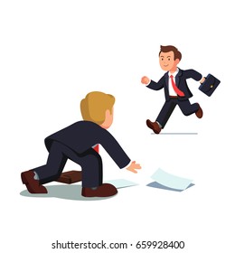 Business Man With Suitcase Being Late And Running Fast While His Colleague Helping Him Picking Up Paper Documents From The Floor. Flat Style Vector Illustration Isolated On White Background.