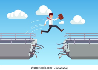 Business man suitcase jumping over broken bridge seizing opportunity. Metaphor of overcoming fears & obstacles. Leaping cracked gap. Flat style vector illustration isolated on white background.