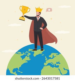 Business man super hero. Successful hero businessman standing on globe. Success, leadership and victory in business. Confident guy with crown, golden trophy and red cloak on top of the world. vector