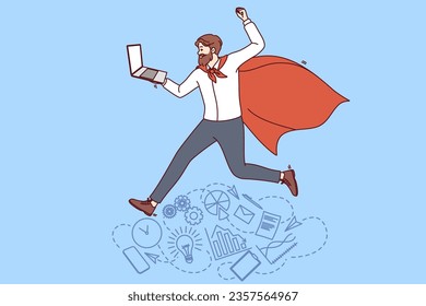 Business man in superhero cape holds laptop and rejoices at team corporate achievements. Manager with leadership qualities near symbols of productive work and successful completion of business tasks