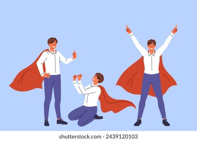 Business man in superhero cape rejoices in victory, taking different poses and making joyful gestures after achieving success. Guy specializes in crisis management celebrates another victory