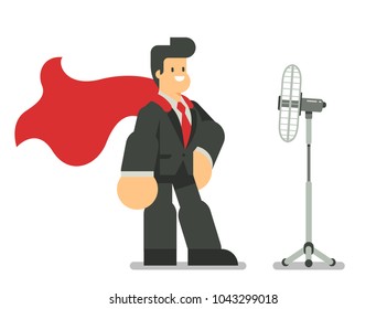 Business man in superhero pose wearing a red cloak. Vector character design flat style.