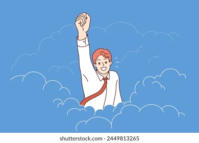 Business man superhero takes off raising hand up demonstrating motivation and ambition for career growth. Successful guy with leadership qualities and professional skills to achieve career growth