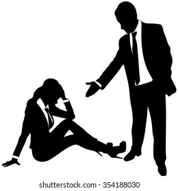 business man supporting sad businesswoman  isolated on white.