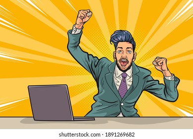 business man surprised something lucky working on laptop computer ,Happy time of businessman in hard working cartoon background in pop art comic retro style.