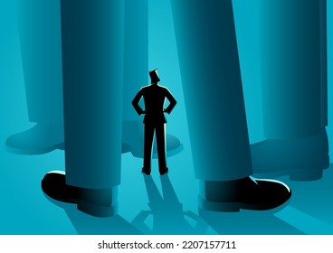 Business Man Surrounded By Giant Men Feet, Intimidation, Persecution, Bullying Concept, Vector Illustration