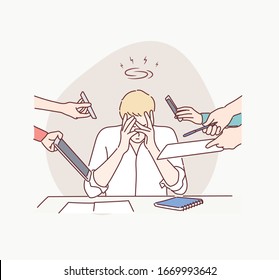 Business Man Surrounded by Hands with Office Things. Multitasking and Time Management Concept. Hand drawn style vector design illustrations.