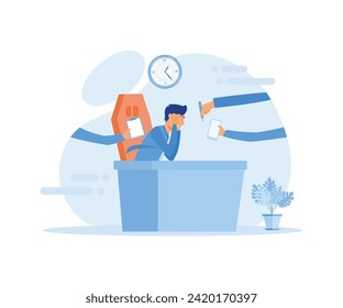 Business Man Surrounded by Hands with Office Things. Multitasking and Time Management. flat vector modern illustration 