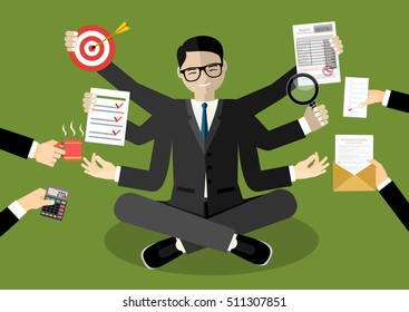 Business man surrounded by hands with office things. Multitasking and time management concept. Vector flat design illustration. Square layout.