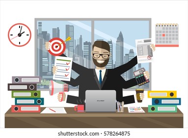 Business man surrounded by hands with office things. Multitasking and time management concept. Vector flat design illustration. Square layout.