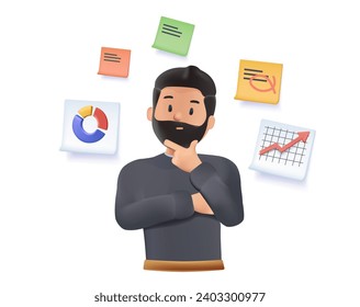 Business man surrounded by stickers thinking about his to-do list. 3D style vector design illustrations. Business planning, notes