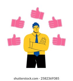 Business man surrounded by thumbs up icons. Flat vector illustration isolated on white background

