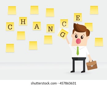 business man swap a sticky note from change to chance word