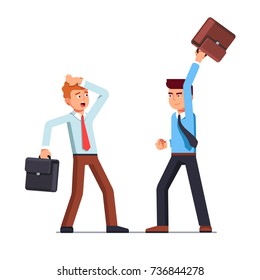 Business man swinging his briefcase threatening to hit the other one blocking. Corporate clerks wearing ties having argument. Office worker afraid of duel fight attack. Flat style vector illustration.