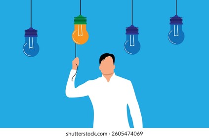 Business Man Switching on a Light Bulb. Generating creative successful ideas and white collar work people, company managers vector art