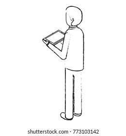 business man with tablet in the hand back view isometric
