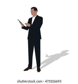 Business man with tablet. Manager in suit, flat vector illustration