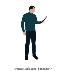 Business man with tablet. Manager in suit, flat vector illustration