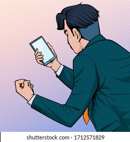 Business man with Tablet and mobile phone Some people are impressive. Illustration vector On pop art comics style Boards background.