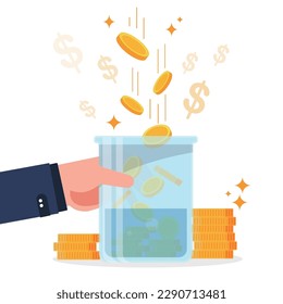 Business man take  Glass money jar full of gold coins. Save dollar coins in moneybox vector illustration.
