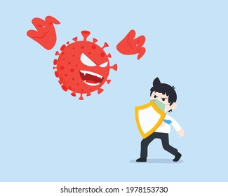 Business Man take a mask and Holding a shield protect yourself from corona virus covid. Fully protect yourself from disease.
