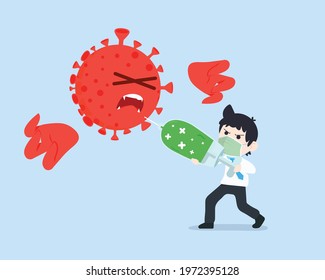 Business Man take a mask and Killed corona virus covid with Vaccine.
Fully protect yourself from disease And get rid of fear.