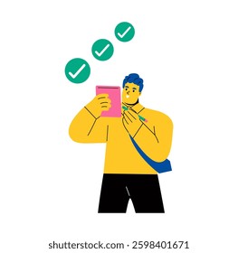 Business man takes notes  and done mark. Flat vector illustration isolated on white background 
