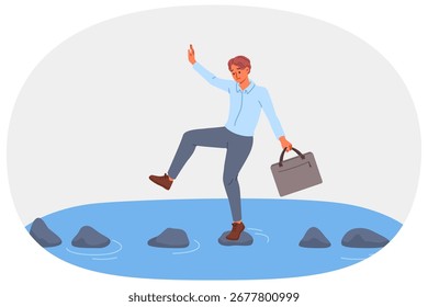 Business man takes risks by crossing river on slippery stones to achieve goals. Entrepreneur moves forward and risks drowning on path to success due to desire for rapid career growth.