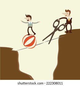 A business man takes a risky dangerous walk on a tightrope and enemy cutting the rope.concept cartoon vector design .