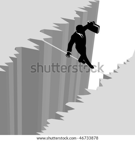 A business man takes a risky dangerous walk on a tightrope over a cliff drop off to safety.