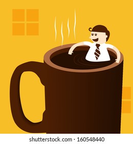 Business man taking bath and relaxing in coffee cup 