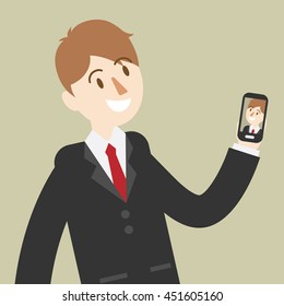 business man taking self photo. people smart device cartoon vector illustration.